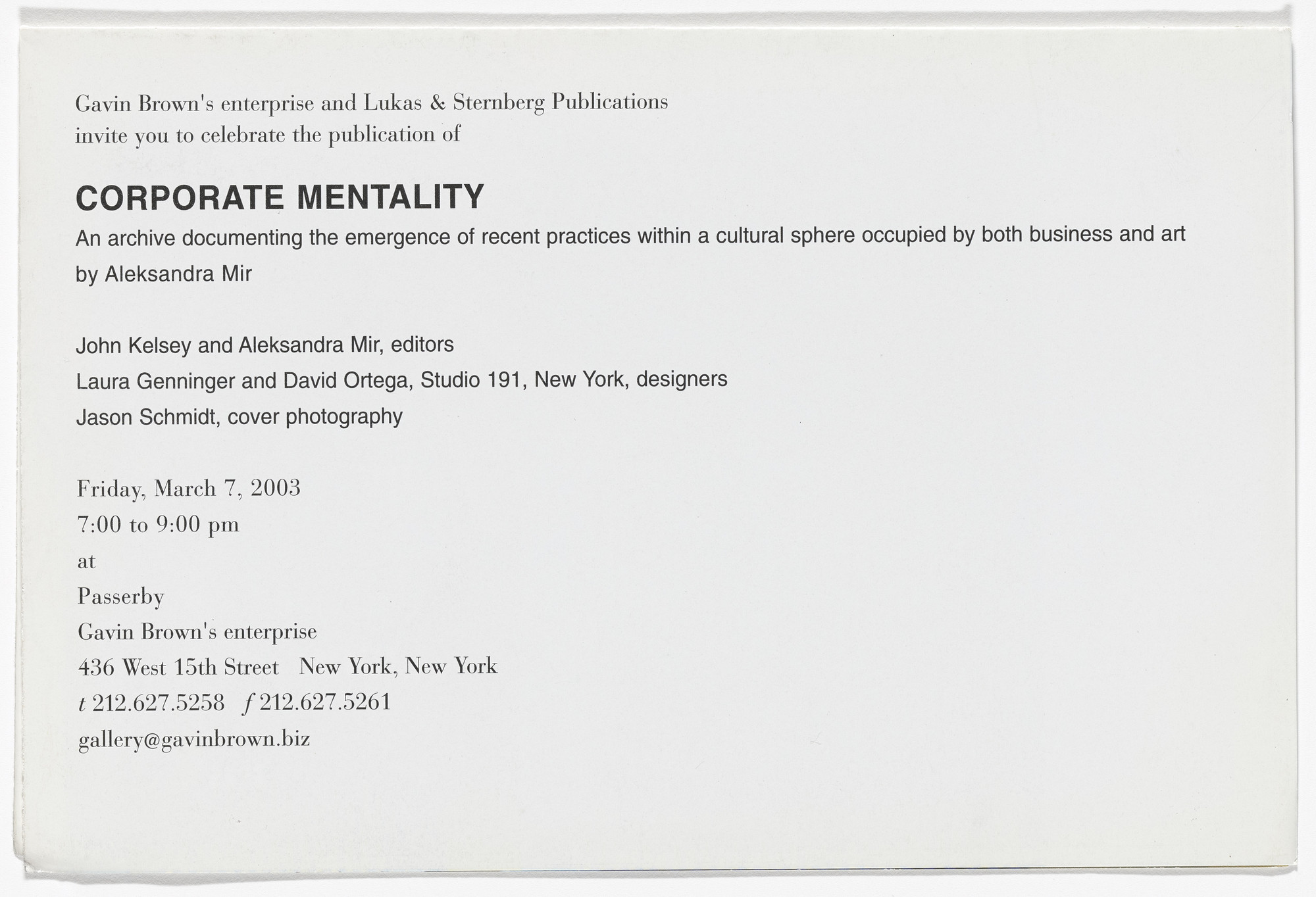 Aleksandra Mir. Invitation to Corporate Mentality release party, Gavin Brown&#39;s enterprise, New York, March 7, 2003. 2003