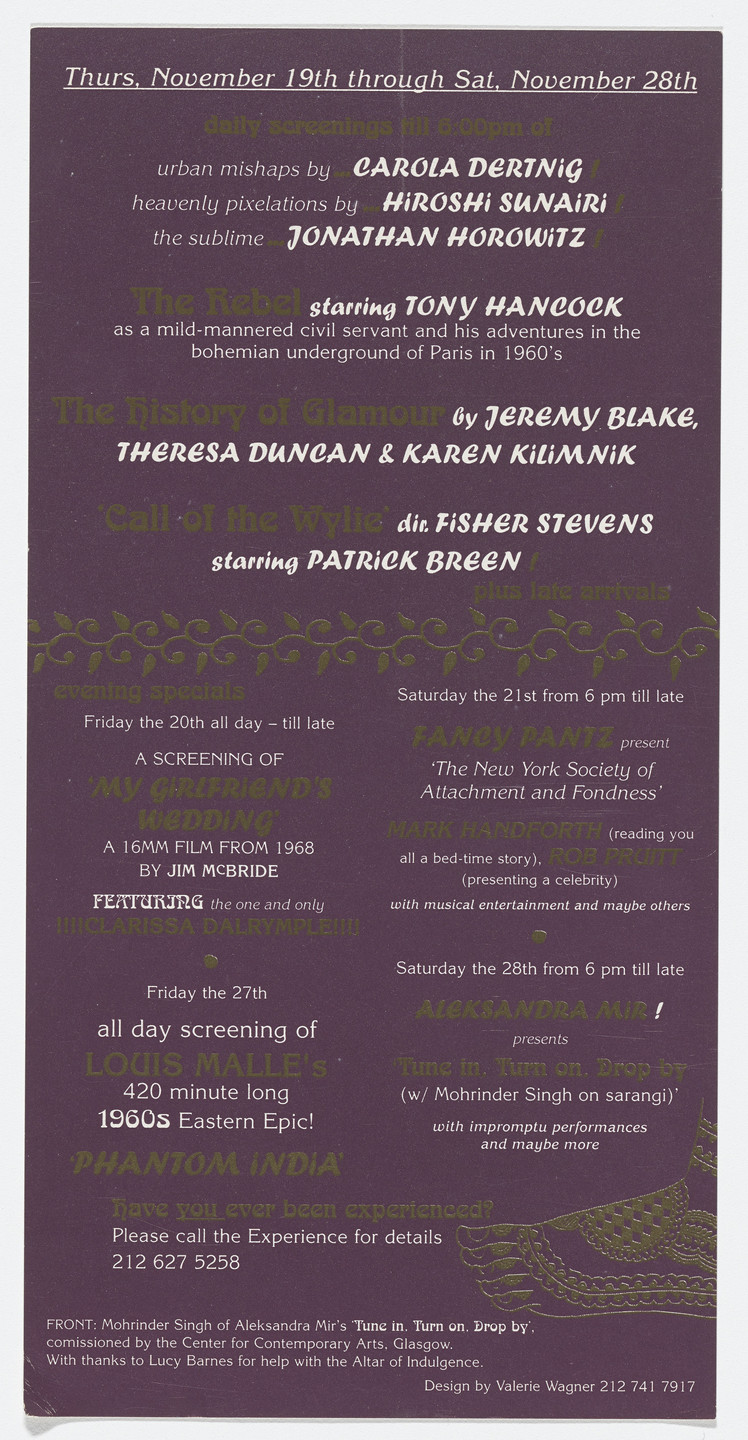 Aleksandra Mir. Announcement card for Tune In, Turn On, Drop By at Oriental Nights, Gavin Brown&#39;s Enterprise, November 19–28, 1998. 1998