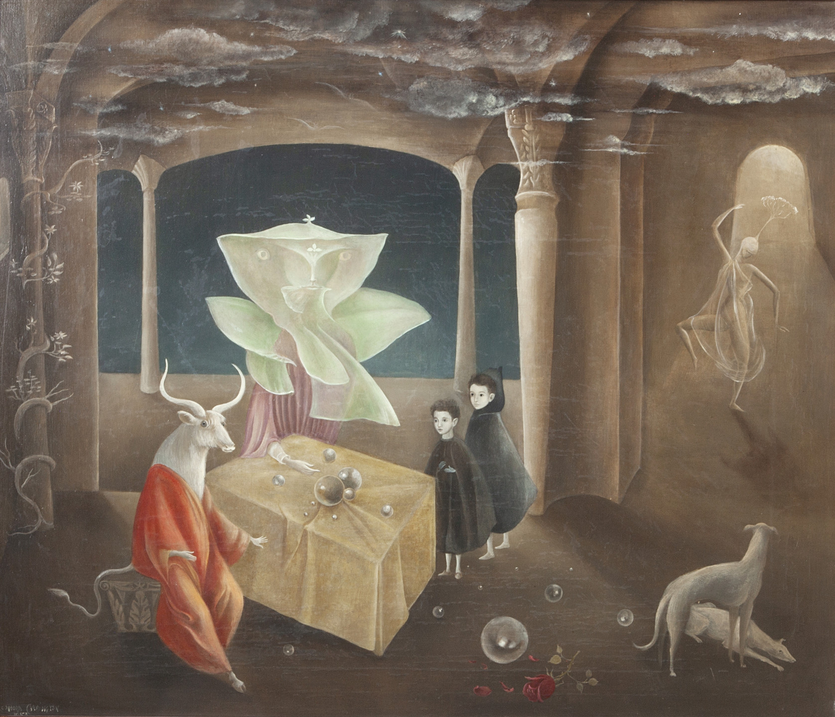 The image depicts a room with pillars where a figure with a goat&#39;s head, wearing red clothing, sits at a table covered with a yellow cloth. Two children and a dog are also present in the room, with a large green figure in the background. This is an AI generated description. To give feedback, email ai@moma.org.