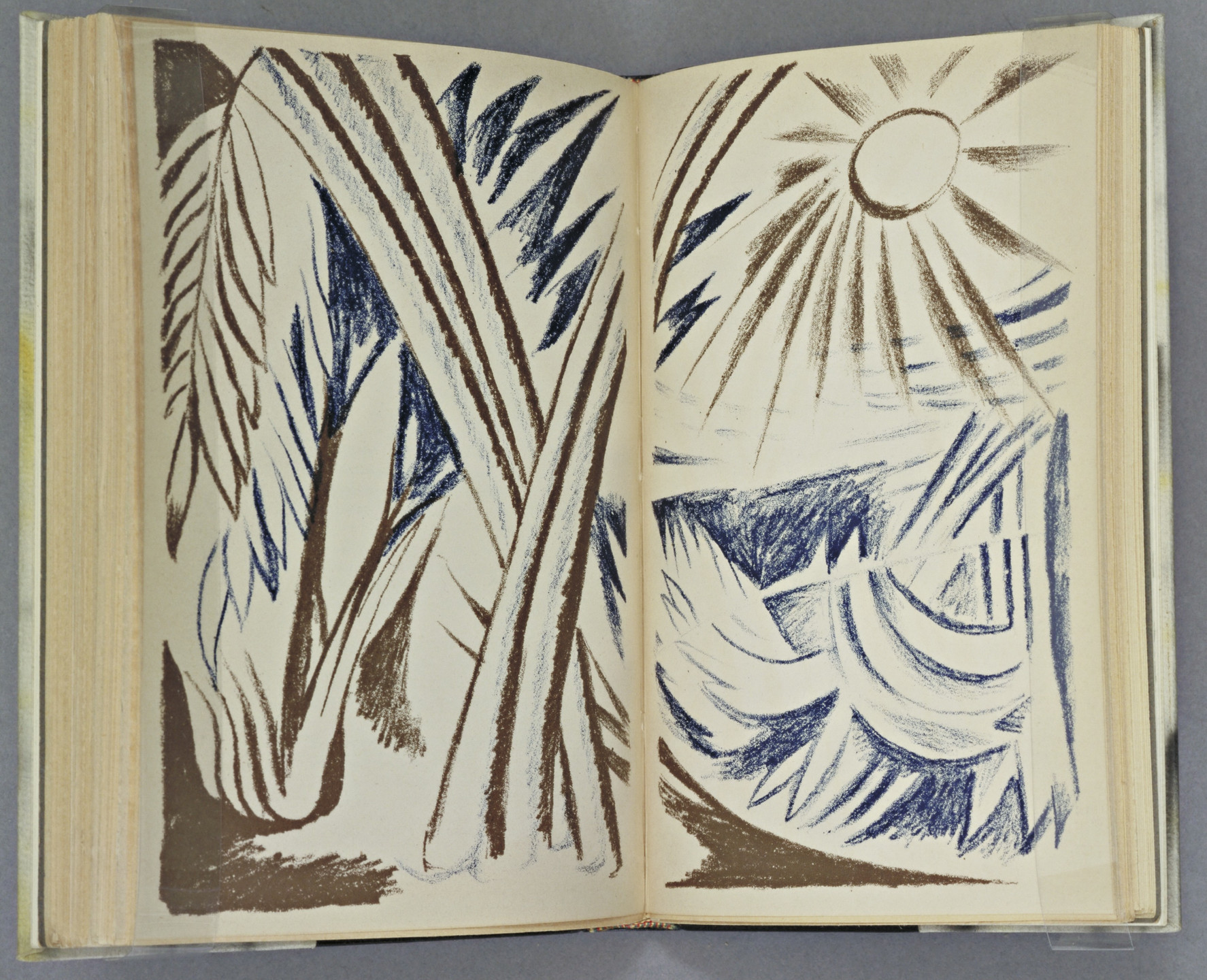 Natalia Goncharova. Double page plate (between pages 106 and 107) from Vertogradari Nad Lozami (Gardeners over the Vines). 1913