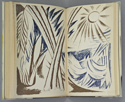 Natalia Goncharova. Double page plate (between pages 106 and 107) from Vertogradari Nad Lozami (Gardeners over the Vines). 1913