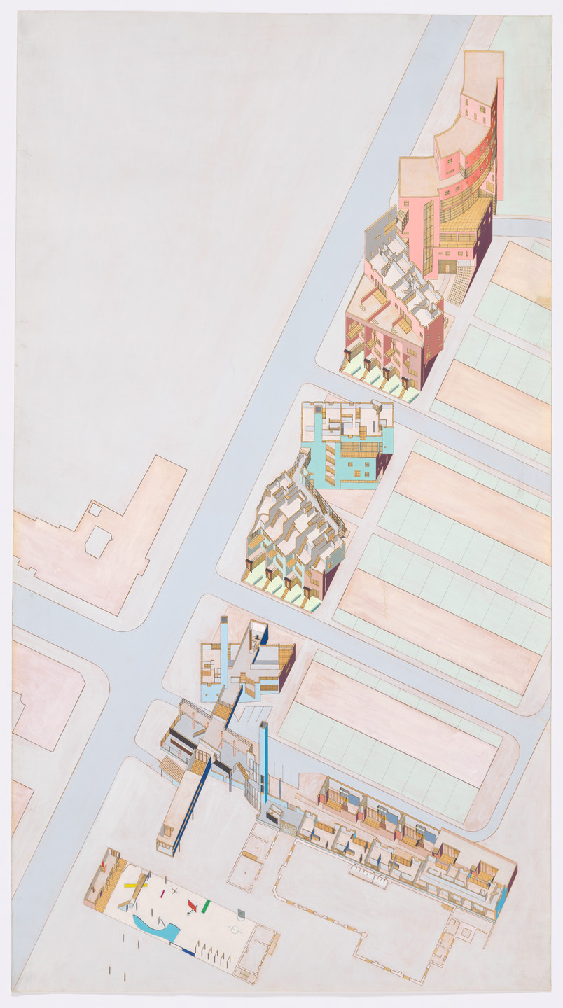 A top-down view of a city block with various geometric buildings in shades of pink, blue, and beige along intersecting streets. The surrounding areas are lightly colored in cream and green. This is an AI generated description. To give feedback, email ai@moma.org.