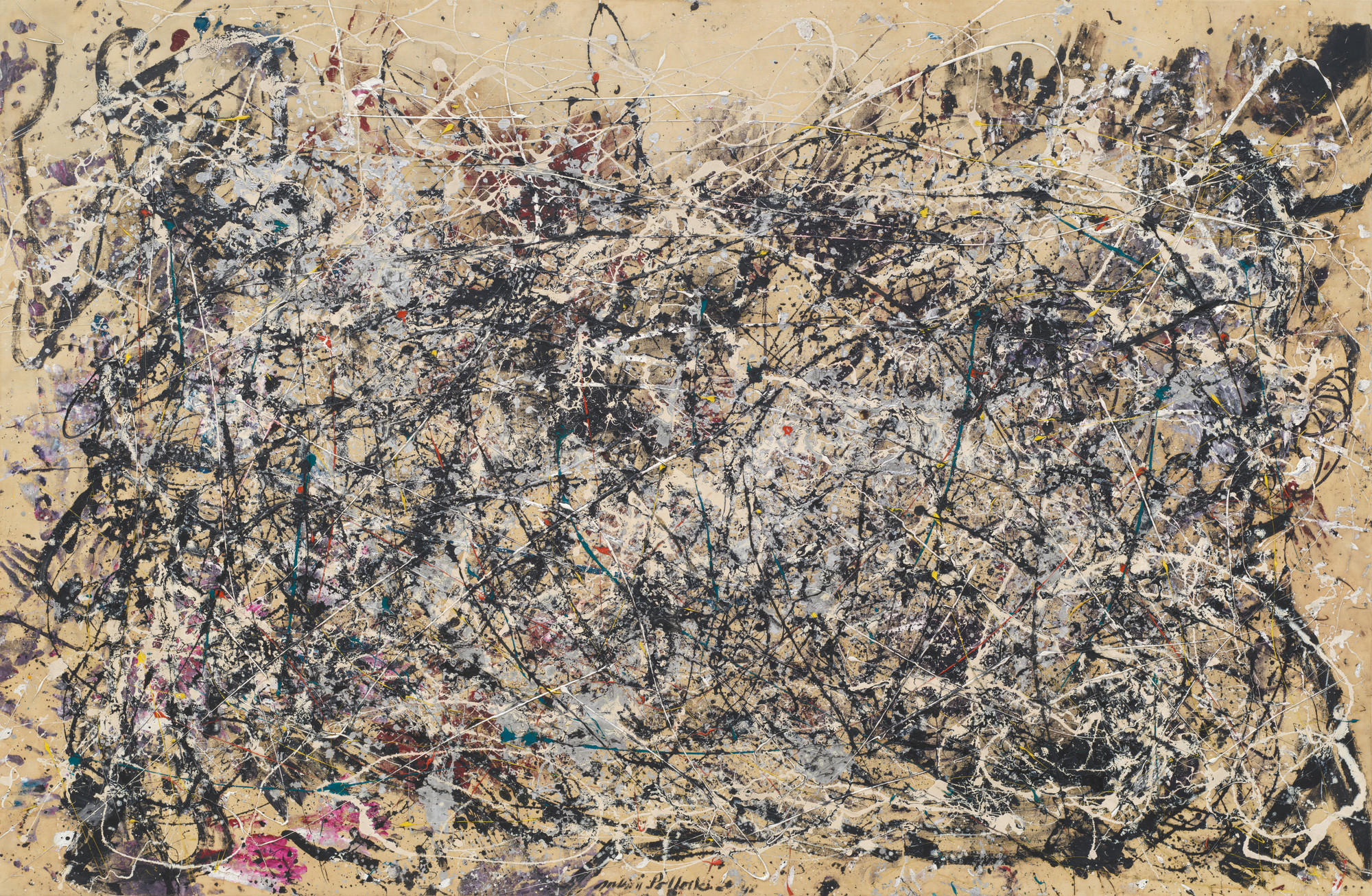 A dense network of dark lines and splashes of various colors, including white, yellow, blue, and red, cover a tan background. The lines and splashes overlap and create a chaotic, layered effect. This is an AI generated description. To give feedback, email ai@moma.org.