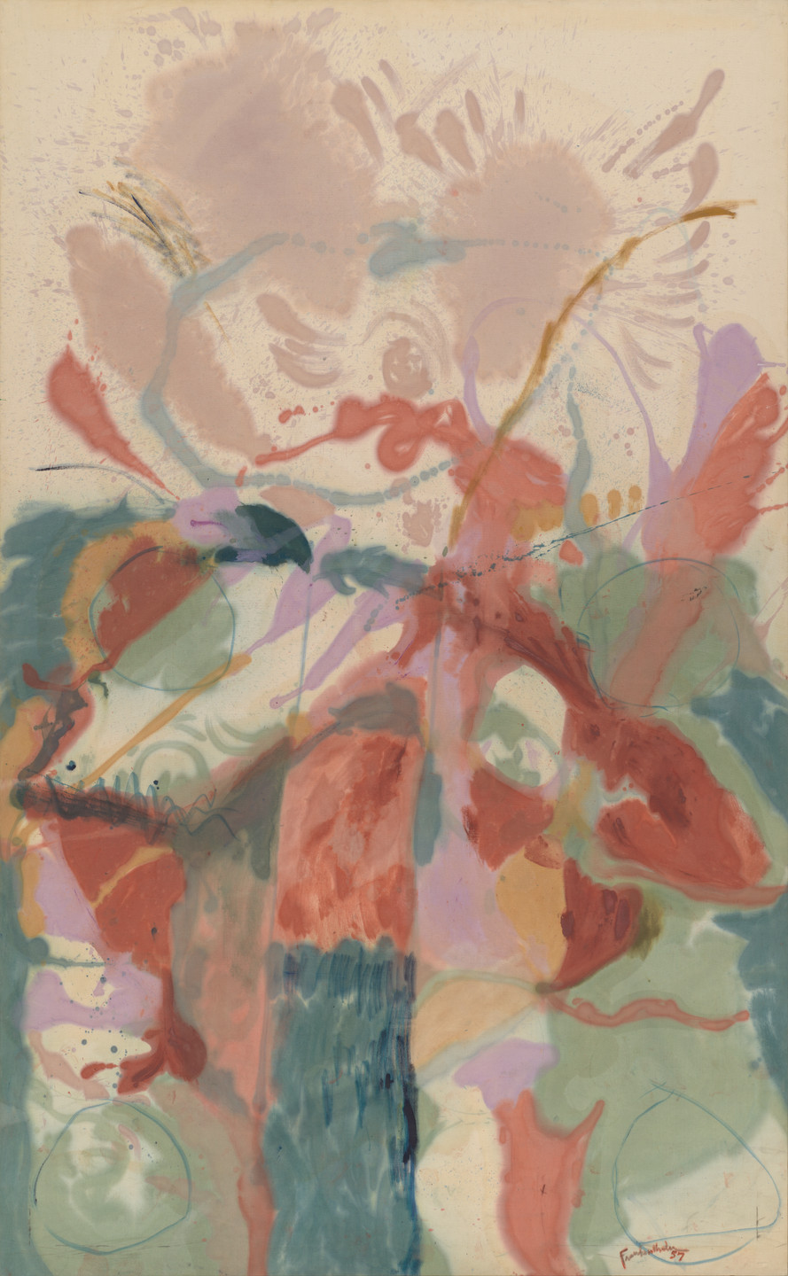 The image features a blend of red, green, blue, and yellow hues forming irregular and overlapping shapes on a beige background. Light splashes and soft, flowing lines are also present throughout the artwork. This is an AI generated description. To give feedback, email ai@moma.org.