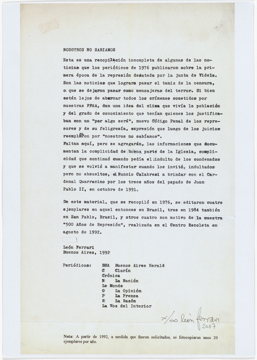 León Ferrari. Nosotros no sabíamos (We Didn't Know). 1976–92, printed 2007