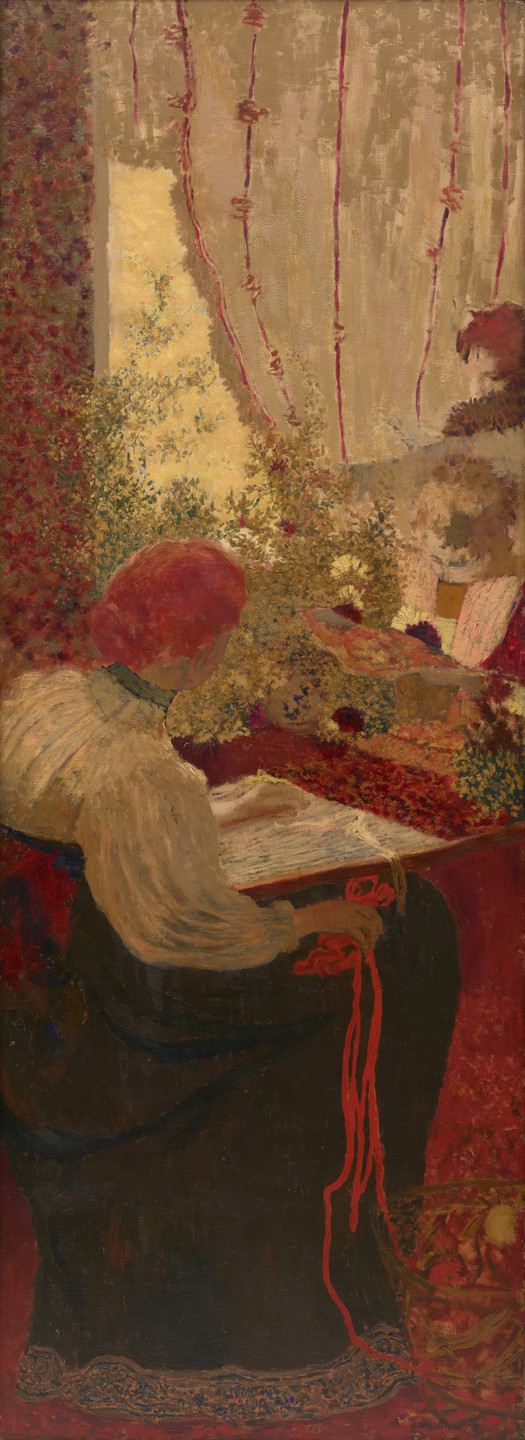 A vertical image features figure with red hair and white shirt seated, embroidering a white piece of fabice with red yarn. Two other woman sit and stand in the background in front of tall windows with sheer curtains. This is an AI generated description. To give feedback, email ai@moma.org.