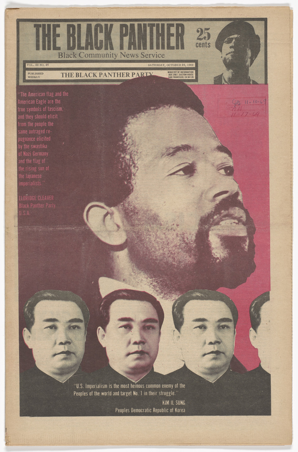 Emory Douglas. The Black Panther Newspaper, vol. 3, no. 27 (Eldridge Cleaver quote). 1969