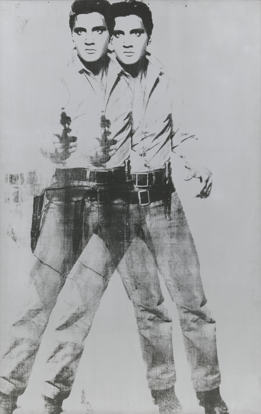A grayscale image shows a person in a duplicate effect, wearing a collared shirt, jeans, and holding a gun in a cowboy stance. The background is solid and light-colored. This is an AI generated description. To give feedback, email ai@moma.org.