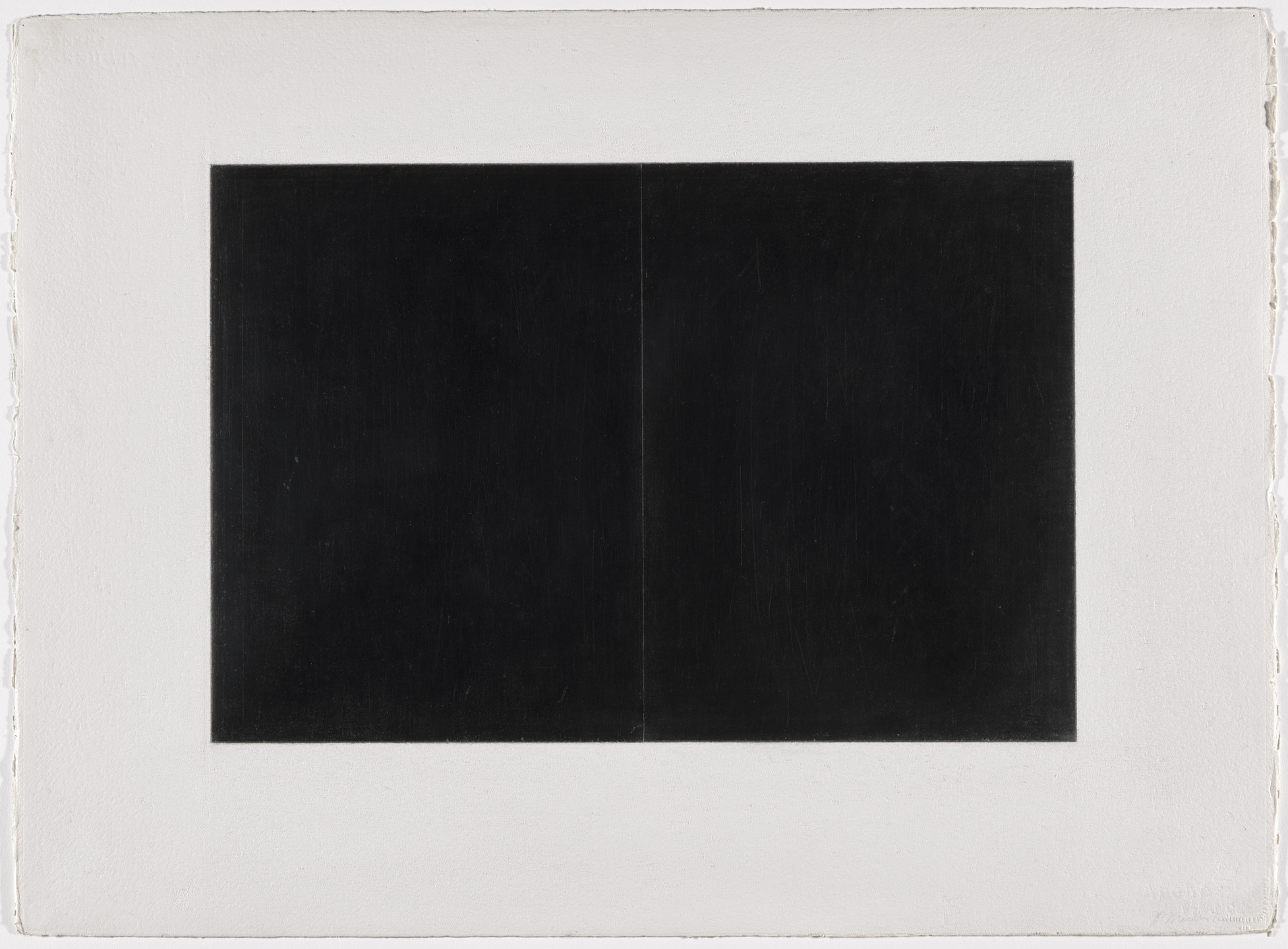 A black rectangular shape is symmetrically divided by a faint vertical line in the center and is bordered by a broad white margin on all sides. The overall image features sharp edges with predominant black and white colors. This is an AI generated description. To give feedback, email ai@moma.org.
