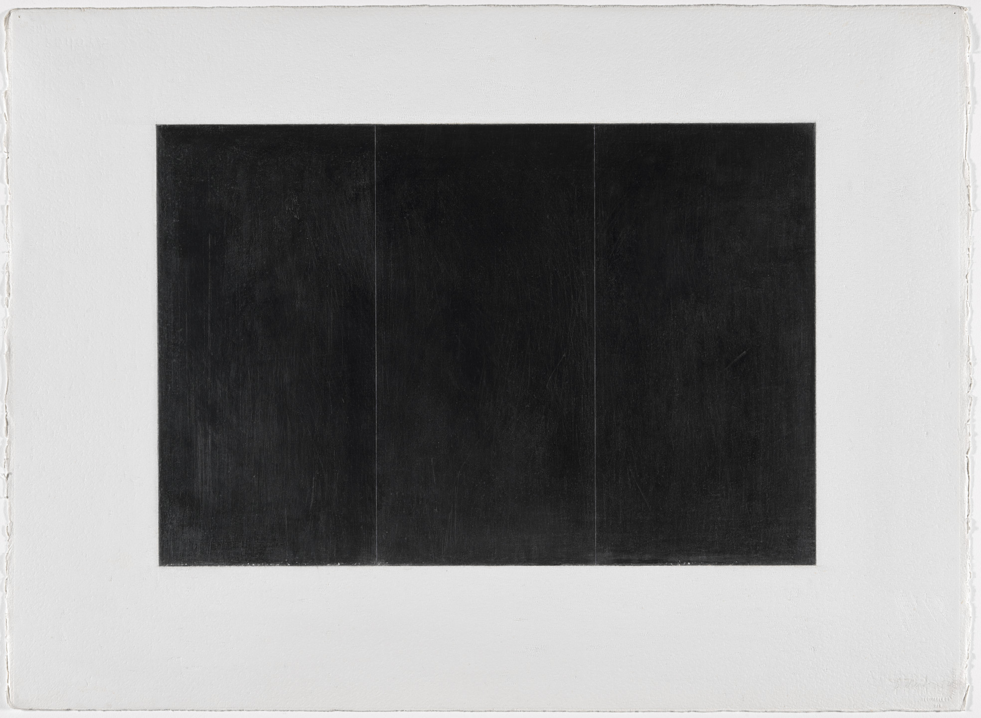 A black rectangle with faint vertical lines is centered on a white textured background. The black area is divided into three sections by barely visible lines. This is an AI generated description. To give feedback, email ai@moma.org.