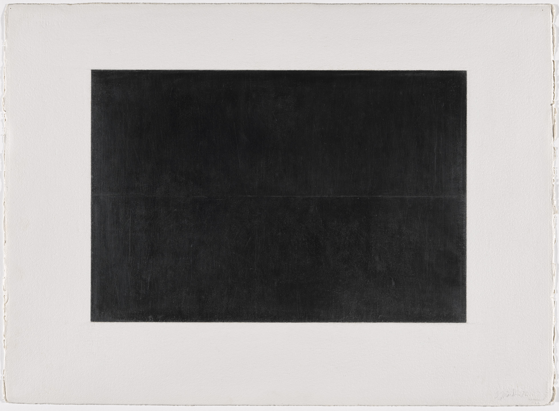 A large, solid black rectangle is centered on a white rectangular background. The black rectangle occupies most of the canvas, creating a sharp contrast with the white border. This is an AI generated description. To give feedback, email ai@moma.org.