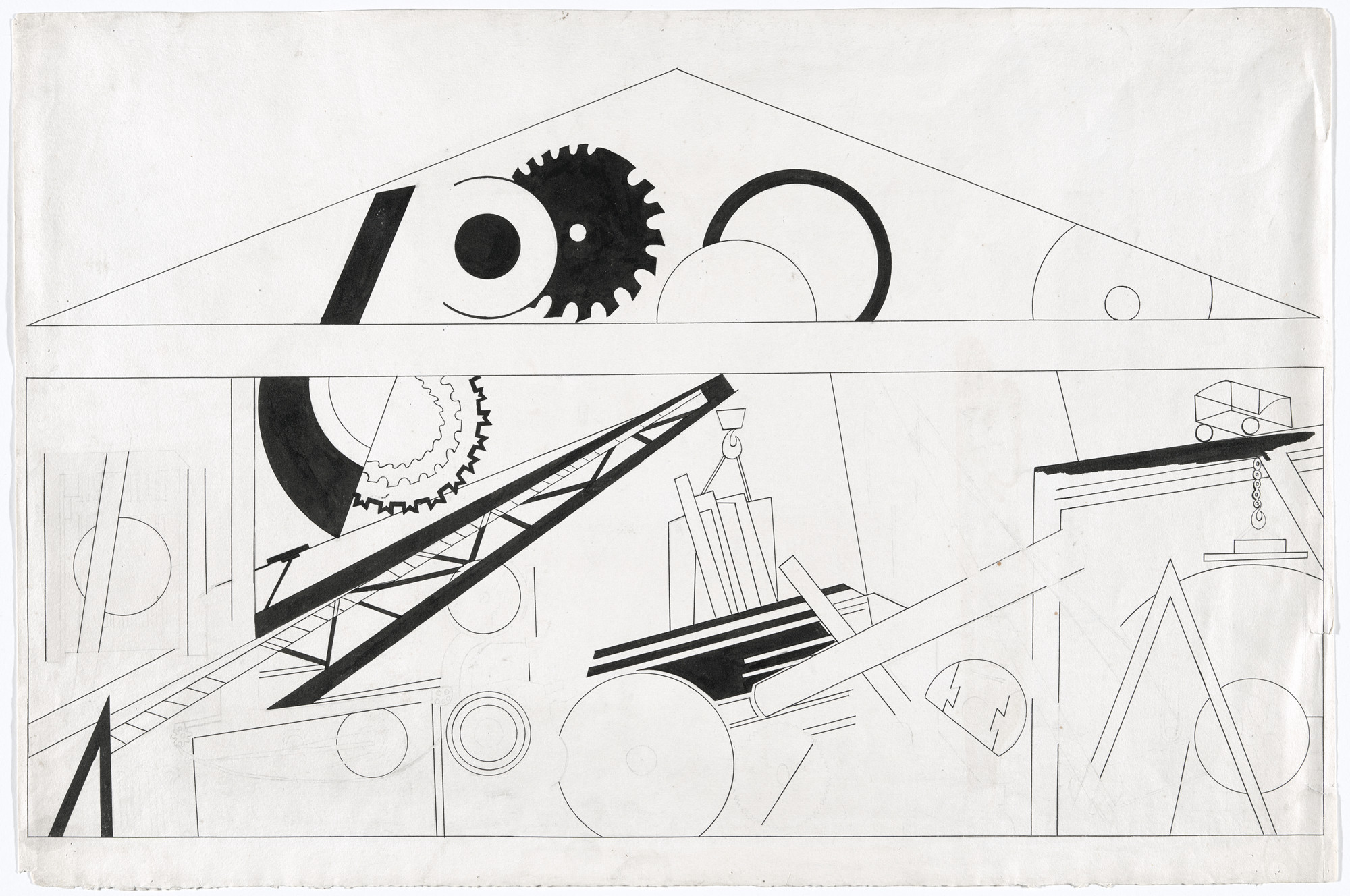 A drawing on white paper featuring geometric shapes and machinery-like elements in black, including gears, circles, and lines arranged in a triangular and rectangular formation. Several intersecting lines create the impression of cranes and construction equipment. This is an AI generated description. To give feedback, email ai@moma.org.