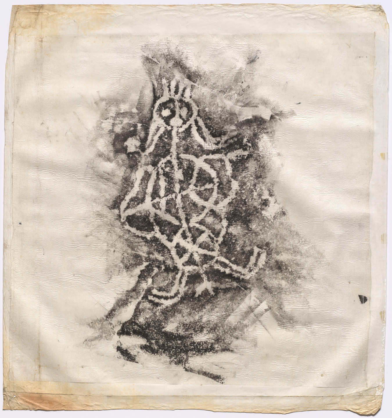 A predominantly black and white image on a textured, slightly discolored paper. It features a central chaotic mass of intertwined, looping lines and smudges, resembling a loosely defined figure. This is an AI generated description. To give feedback, email ai@moma.org.