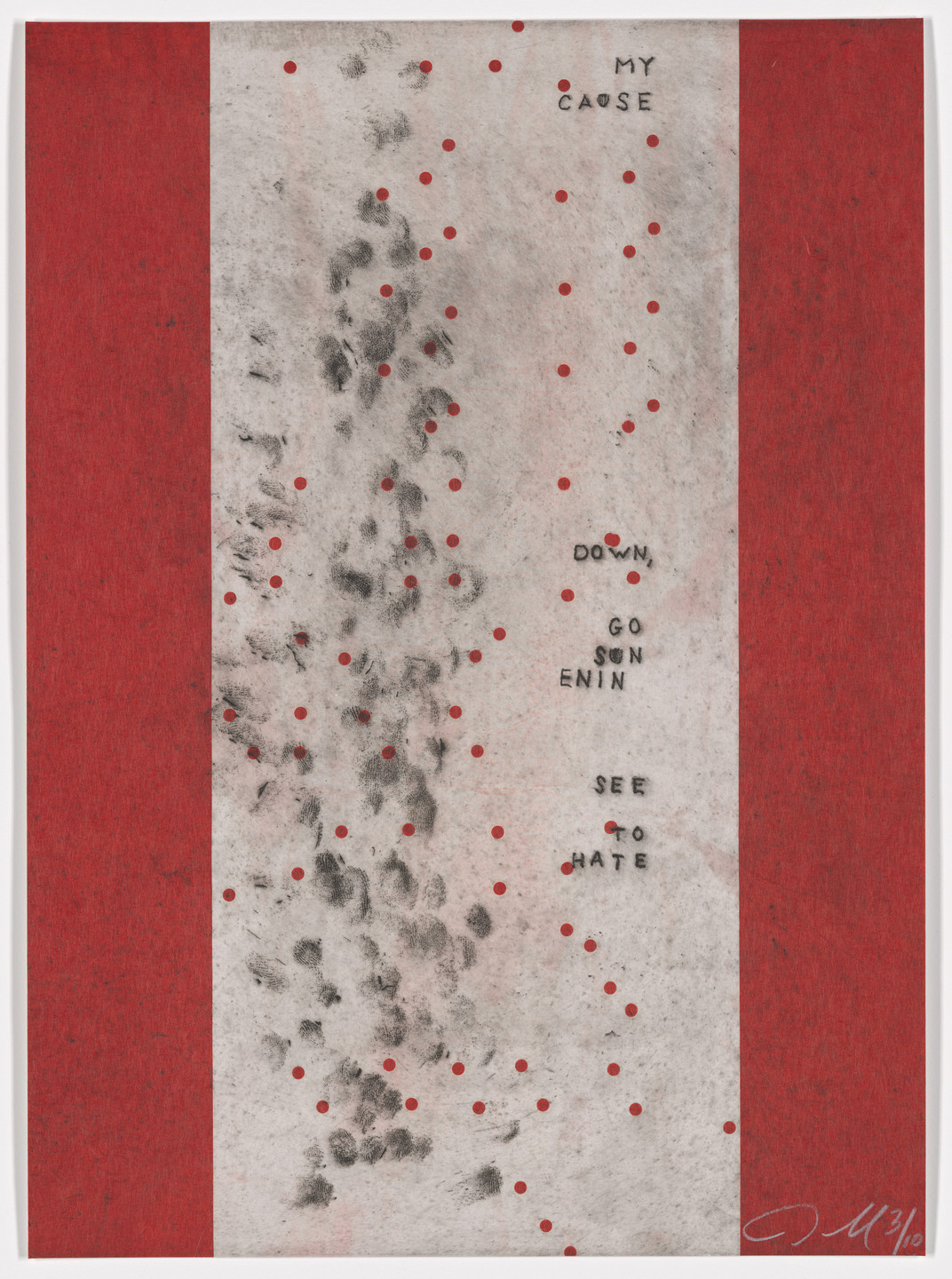 The image features a central vertical gray strip with scattered black smudges and text, surrounded by red vertical borders. Small red dots are evenly distributed throughout the gray area. This is an AI generated description. To give feedback, email ai@moma.org.