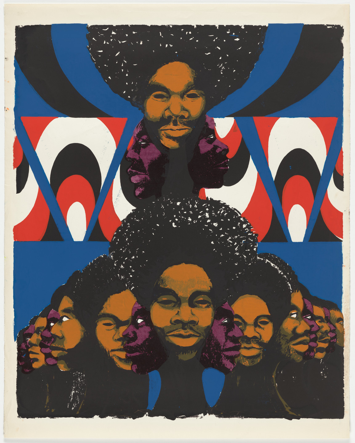 The image features multiple overlapping faces with dark skin tones, set against a vibrant background of blue, red, black, and white geometric patterns. The faces, characterized by similar afros and defined features, are aligned closely together in various angles. This is an AI generated description. To give feedback, email ai@moma.org.