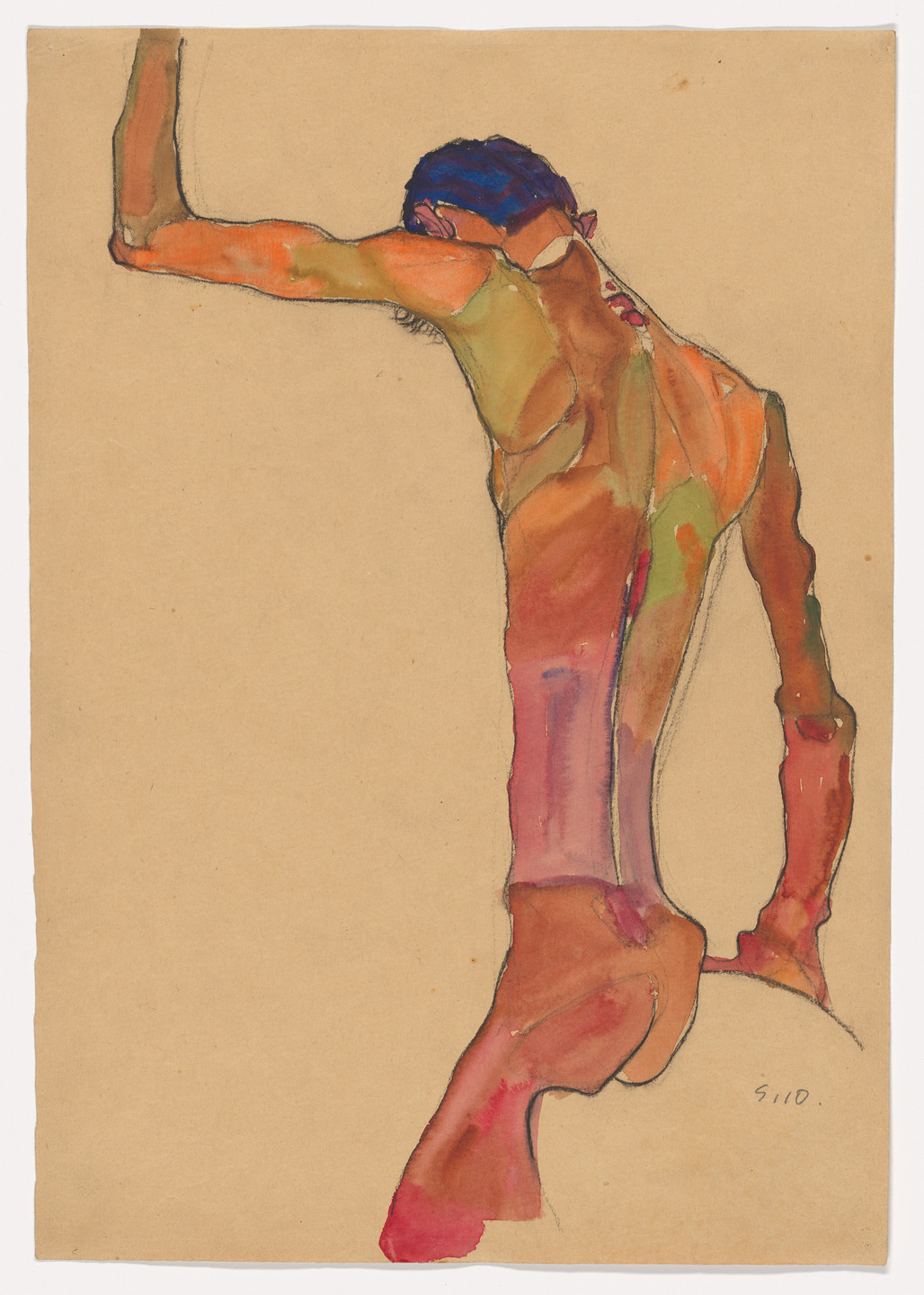 Egon Schiele. Standing Male Nude with Arm Raised, Back View. 1910