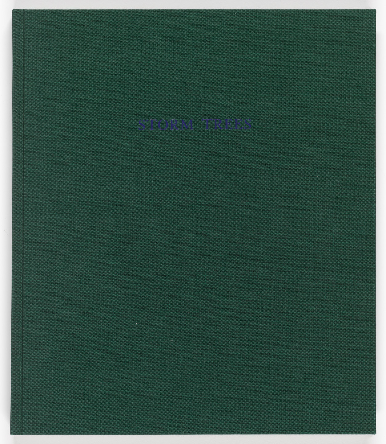 A green book cover with the title &#34;STORM TREES&#34; written in small, uppercase blue letters in the center. The background is a solid, textured green color. This is an AI generated description. To give feedback, email ai@moma.org.