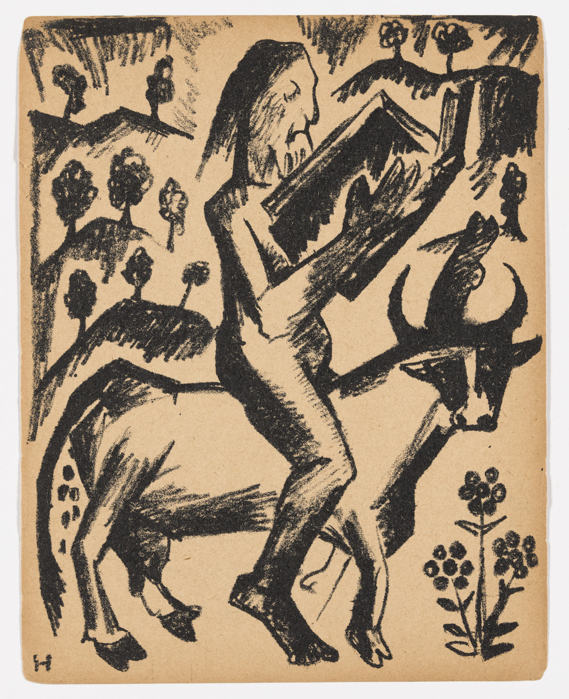 A black ink drawing on beige paper shows a person riding a bull while reading a book. The background contains stylized trees and mountains. This is an AI generated description. To give feedback, email ai@moma.org.