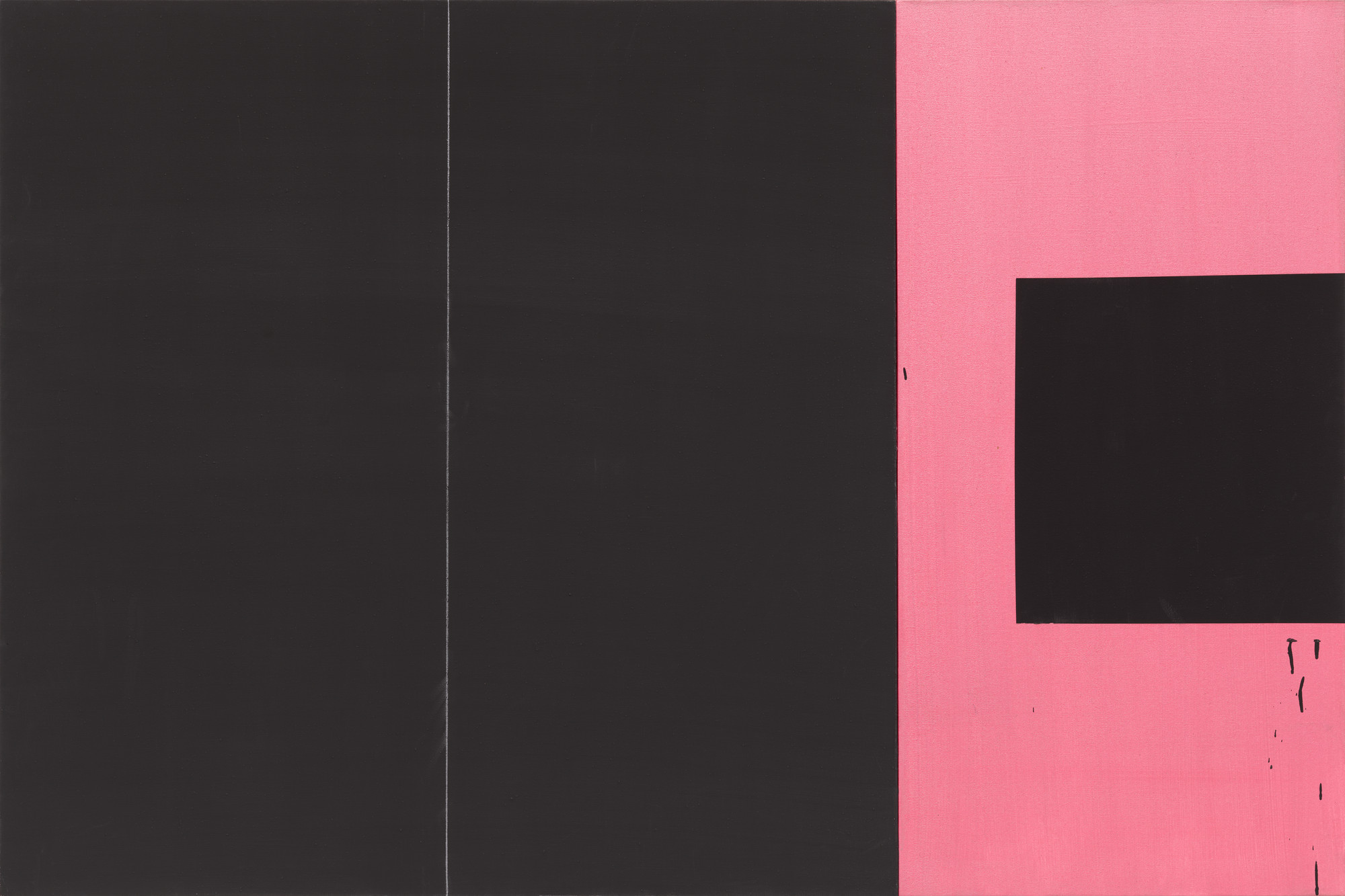 The image features predominantly black and pink colors, with a large black rectangle occupying the middle left and a pink border on the far right. A smaller black square is within the pink area. This is an AI generated description. To give feedback, email ai@moma.org.