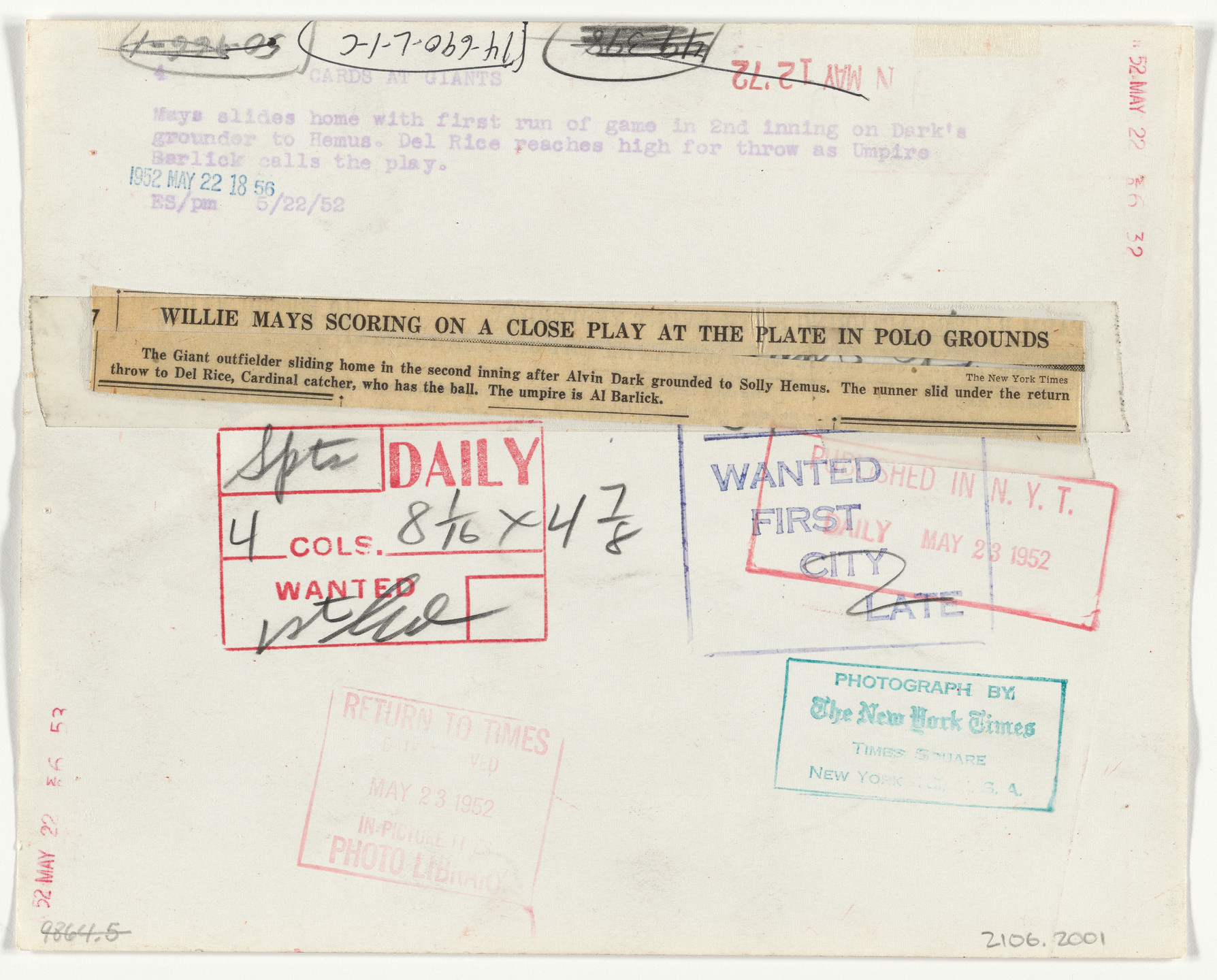 Ernie Sisto/The New York Times. Willie Mays Scoring on a Close Play at the Plate in Polo Grounds. May 2, 1952