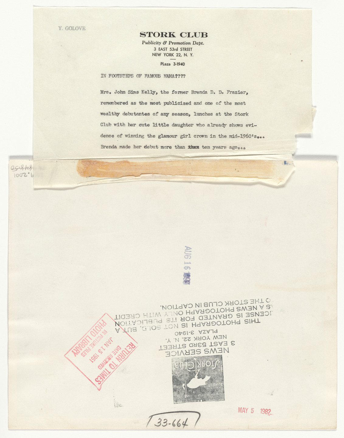 Stork Club News Service. &#34;In Footsteps of Famous Mama???&#34;. c. 1950
