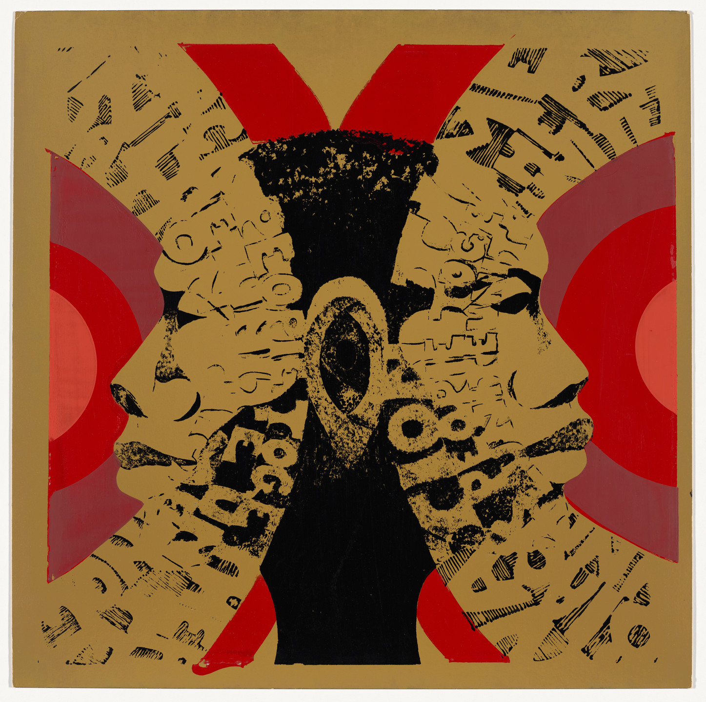The image shows two profiles of a face facing opposite directions in dark brown on a tan background with red and muted purple circular shapes on either side. Text and symbols are scattered within the face profiles. This is an AI generated description. To give feedback, email ai@moma.org.