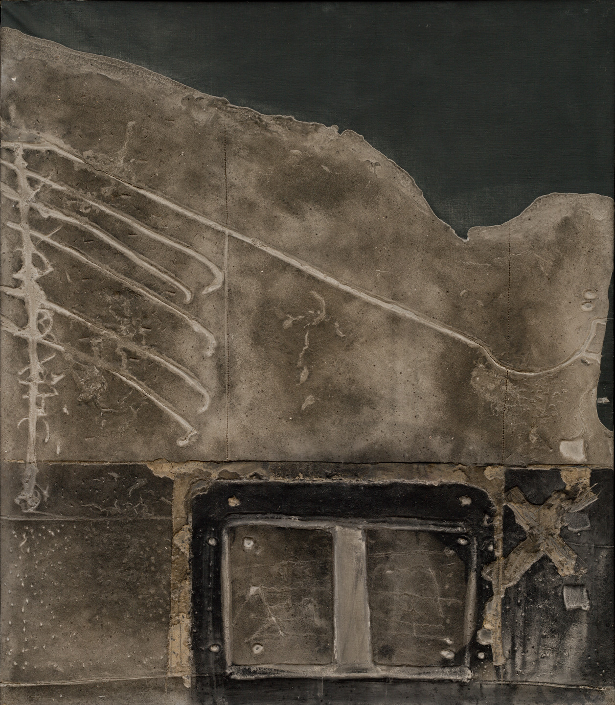 The image features a textured surface in brown and beige tones with a dark upper section. Lines and shapes create a complex pattern, including a black rectangular area with rivets in the lower part. This is an AI generated description. To give feedback, email ai@moma.org.