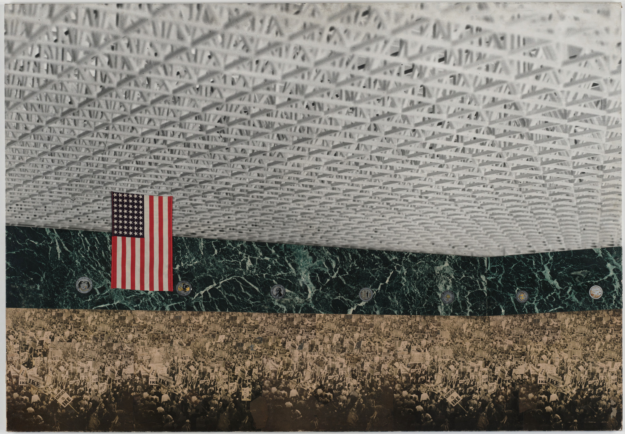 A large crowd holding signs fills the bottom half of the image. A green marble wall with an American flag hanging on it and a patterned white ceiling are visible above the crowd. This is an AI generated description. To give feedback, email ai@moma.org.