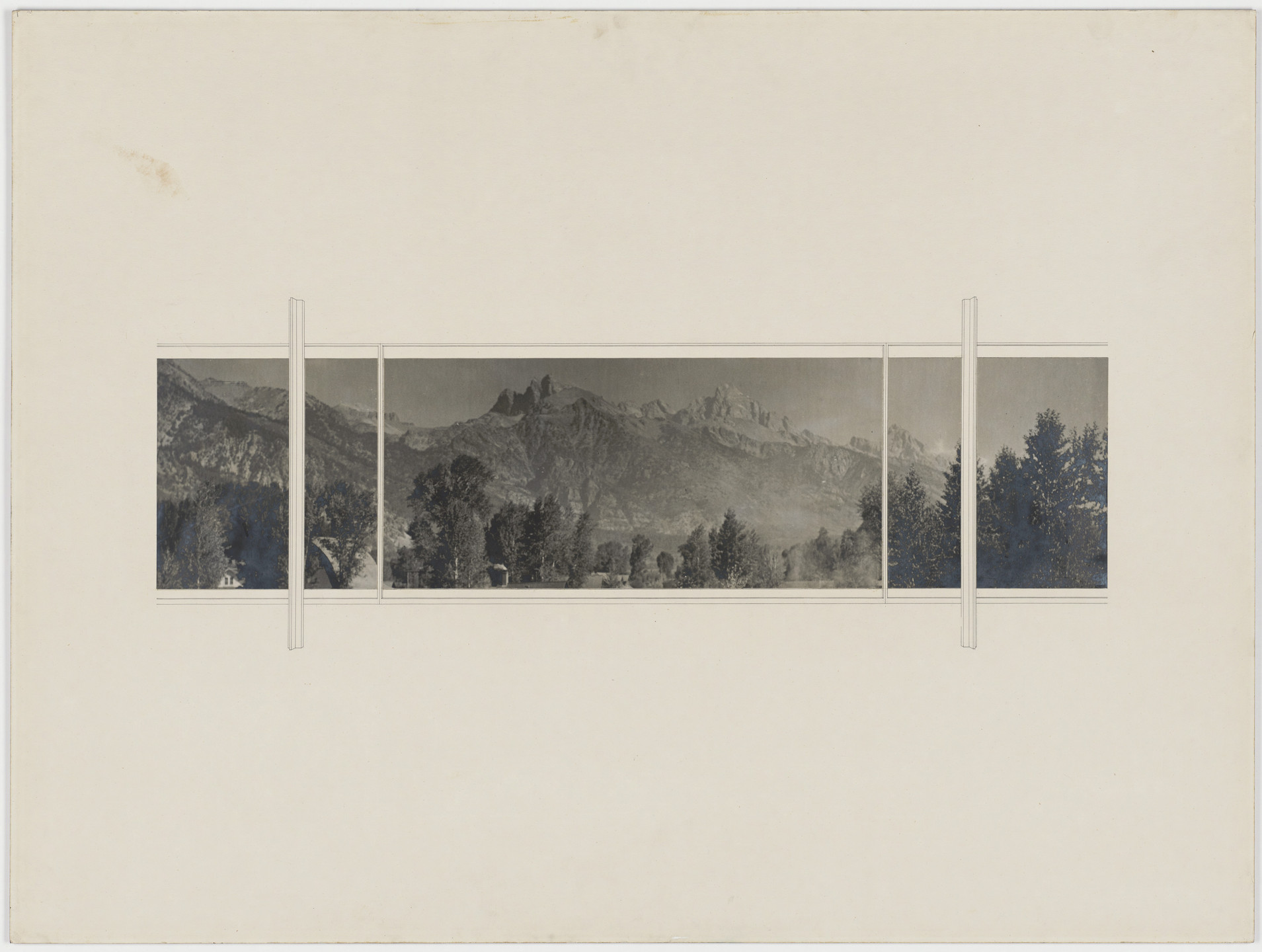 Ludwig Mies van der Rohe. Resor House project, Jackson Hole, Wyoming (Interior perspective of living room [view through north glass wall]). c. 1937-41