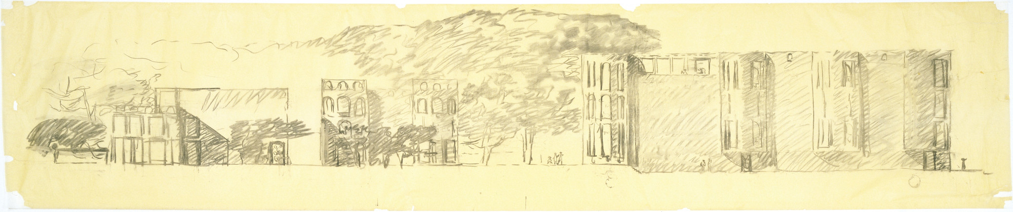 Louis I. Kahn. Mikveh Israel Synagogue, project, Philadelphia, Pennsylvania, Elevation with school building at left. 1962