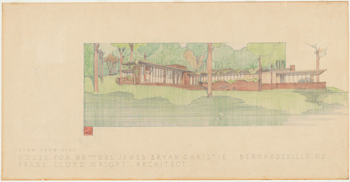 Frank Lloyd Wright. Mr. and Mrs. James Bryan Christie House, Bernardsville, NJ (Exterior perspective from east). 1940