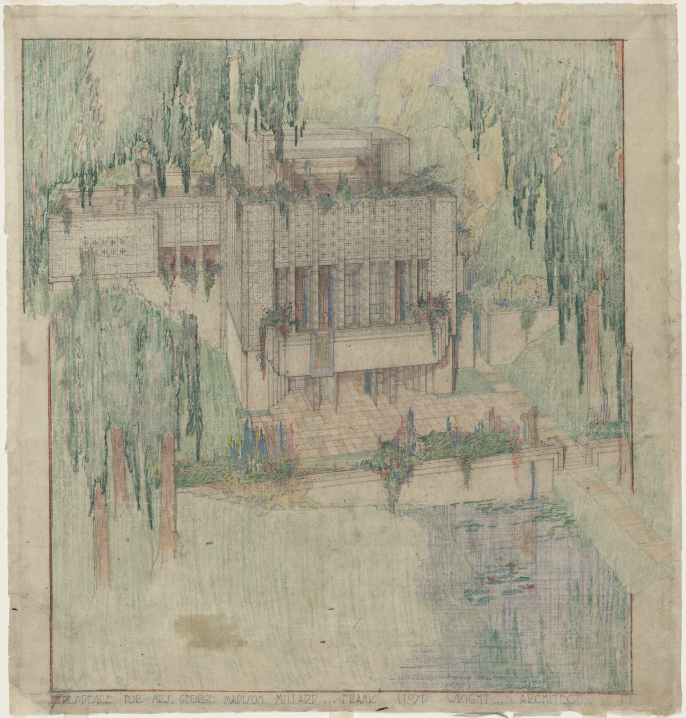 Frank Lloyd Wright. Millard House (La Miniatura), Pasadena, California (Exterior perspective from the garden). 1923–1924