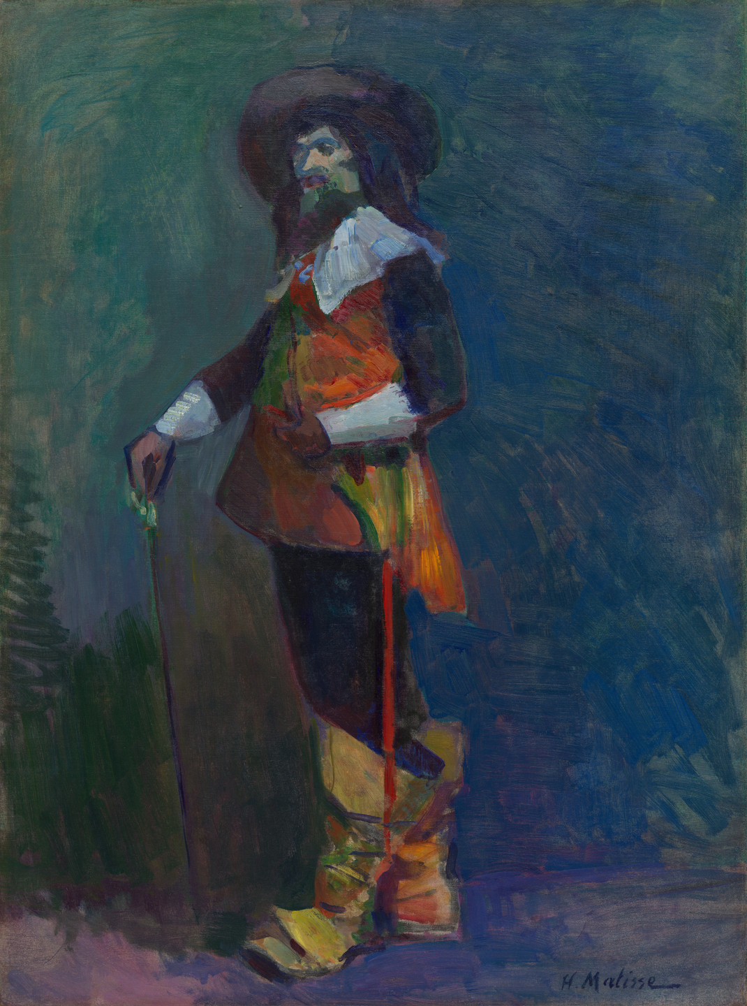 A person stands wearing a wide-brimmed hat, long coat, and tall boots with a cane in hand, painted in shades of green, blue, red, and orange. The background is a mix of dark blue and green hues. This is an AI generated description. To give feedback, email ai@moma.org.