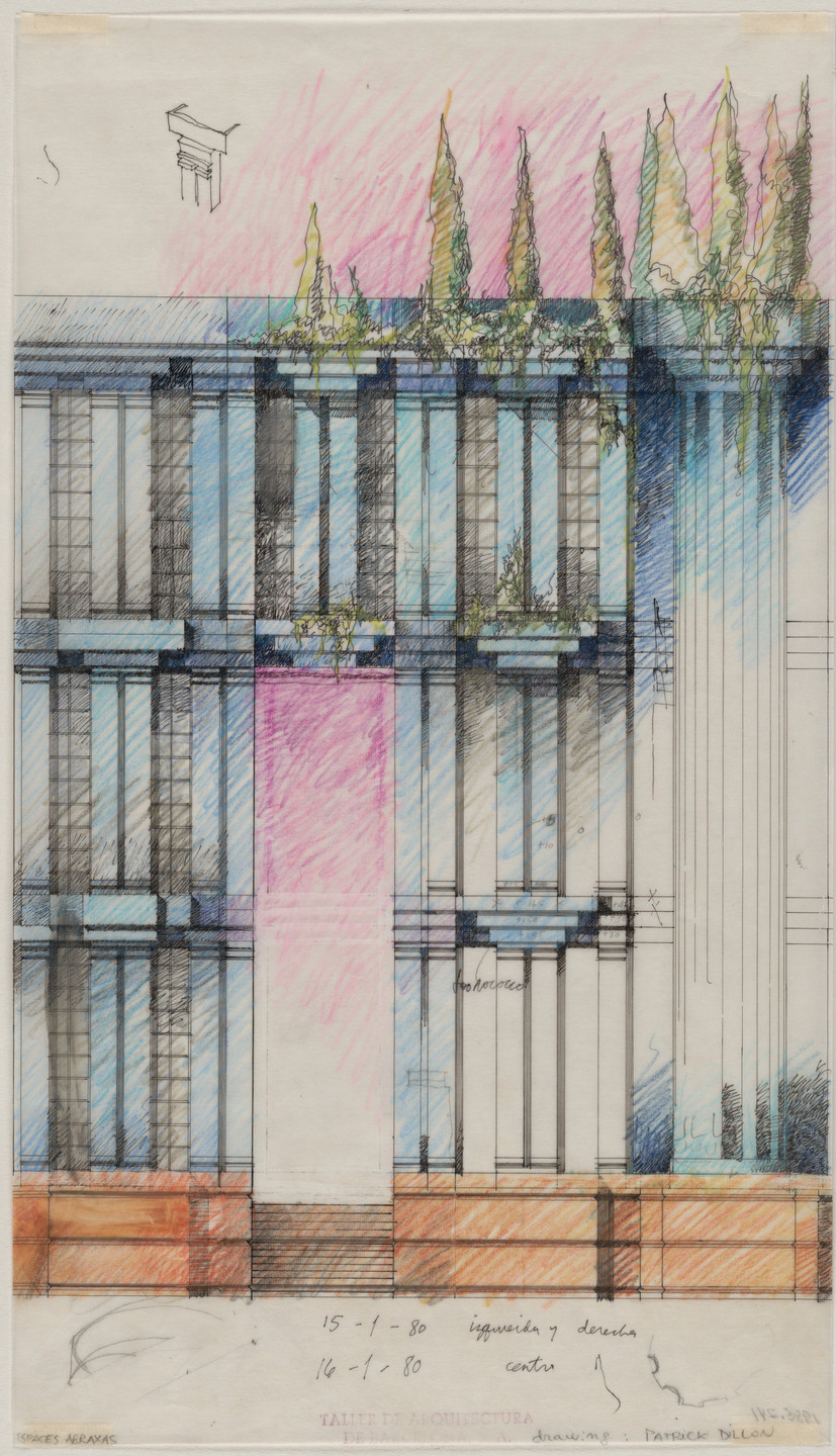 Ricardo Bofill. Les Espaces d&#39;Abraxas: Le Palacio, Le Théâtre, L&#39;Arc, Marne-la-Vallée, France, Le Theatre and L&#39;Arc: facade detail. 1979