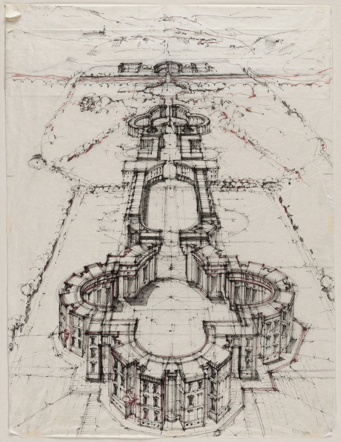 Ricardo Bofill. La Place du Nombre d&#39;Or, Antigone, Montpellier, France, Aerial perspective. c. 1978-84