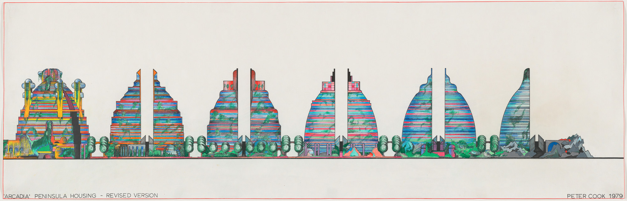 Peter Cook. Arcadia Peninsula Housing, project, Revised version: exterior elevation. 1979