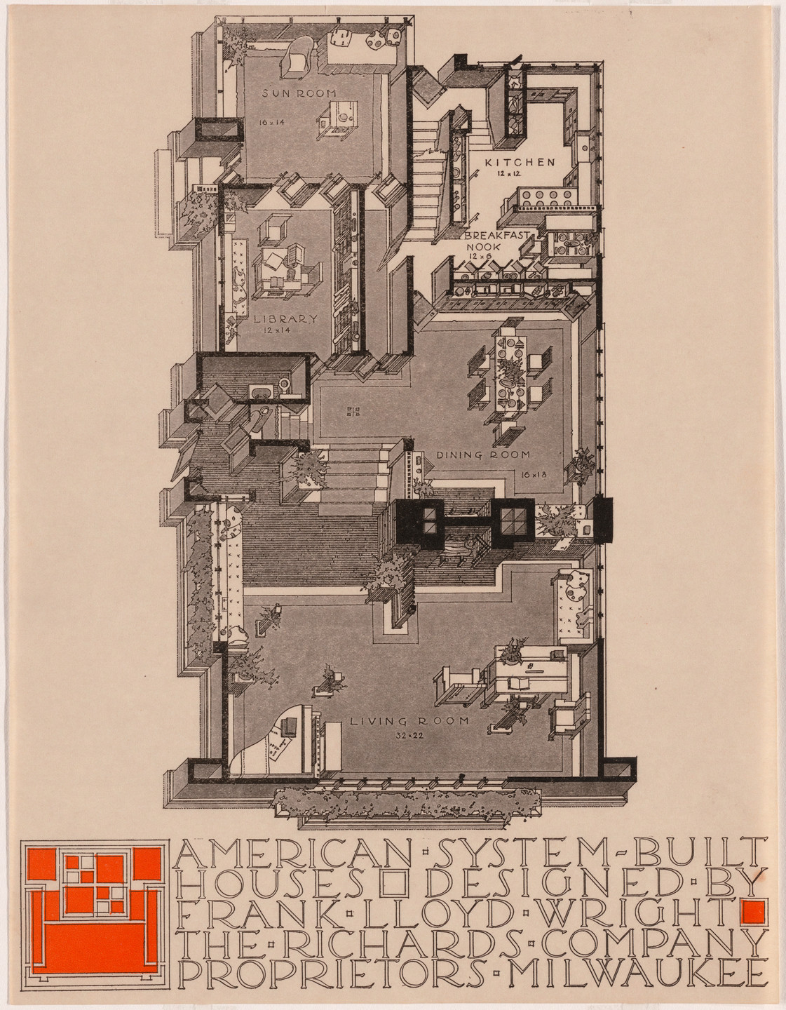 Frank Lloyd Wright. American System-Built Houses for The Richards Company project, (Plan oblique of unspecified model). 1915–1917