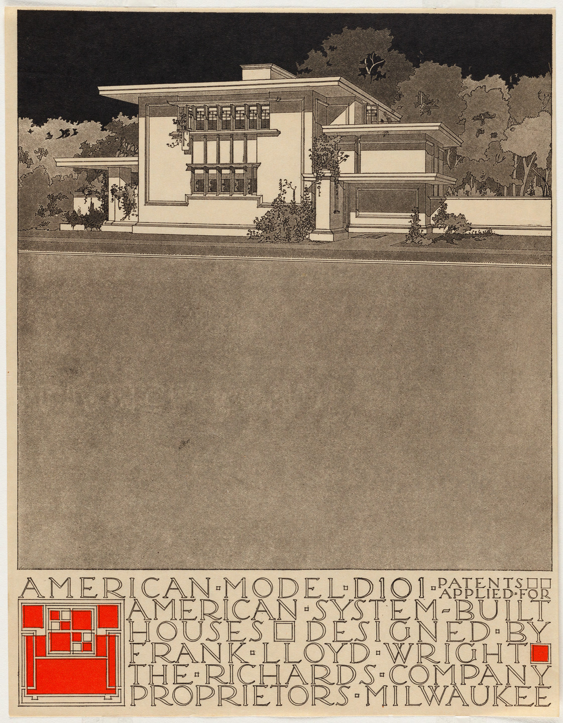 Frank Lloyd Wright. American System-Built Houses for The Richards Company project (Exterior perspective of model D101). 1915–1917
