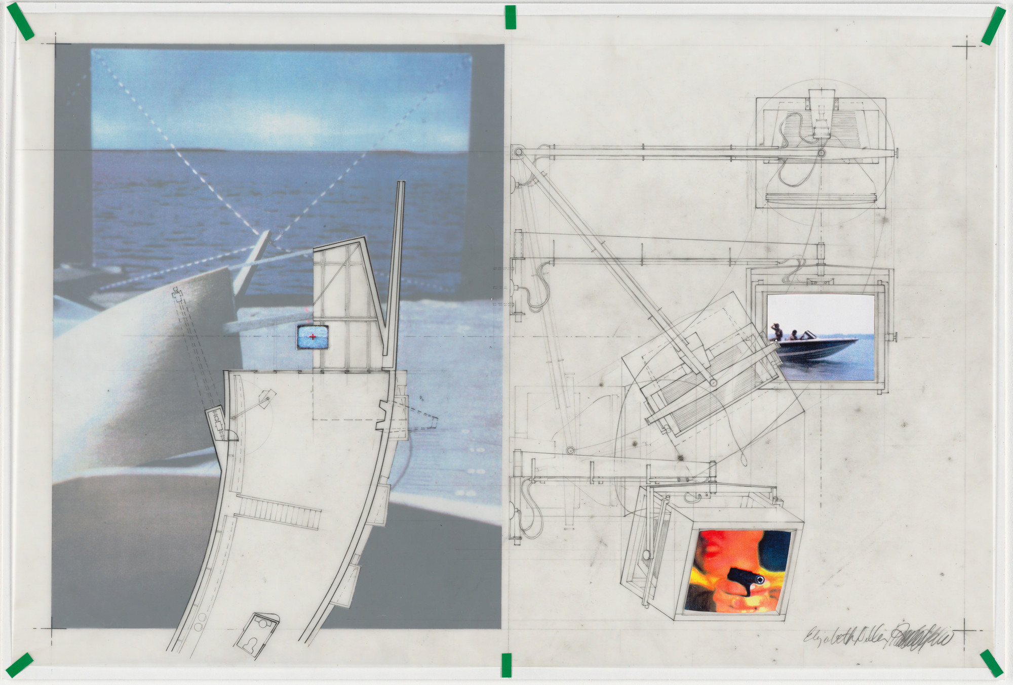 Diller + Scofidio, Elizabeth Diller, Ricardo Scofidio. Slow House Project, North Haven, Long Island, New York, Perspective and plans of TV in Picture Window Apparatus,. 1991