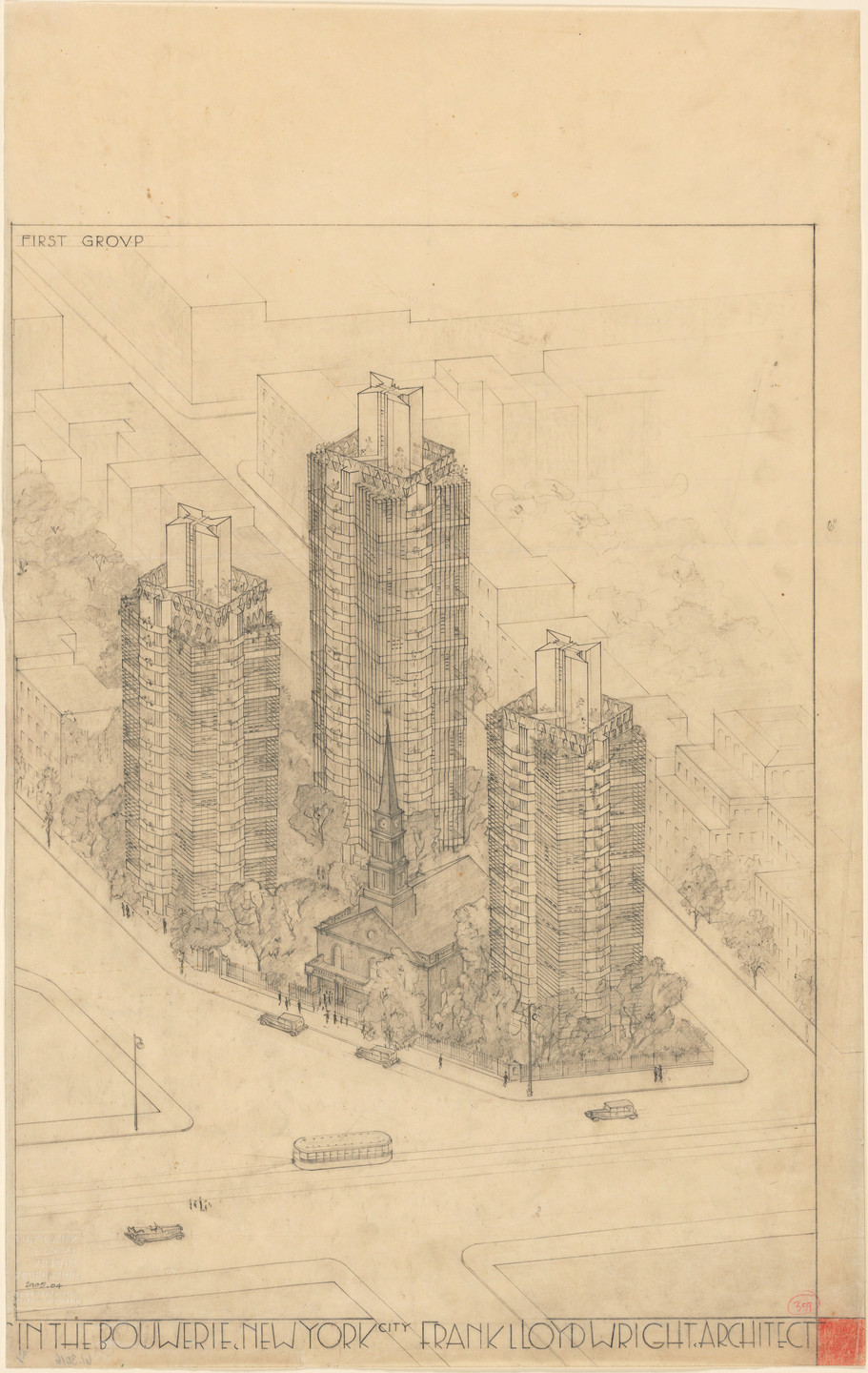 Frank Lloyd Wright. St. Mark's Tower project, New York, NY (Aerial perspective). 1927–1931