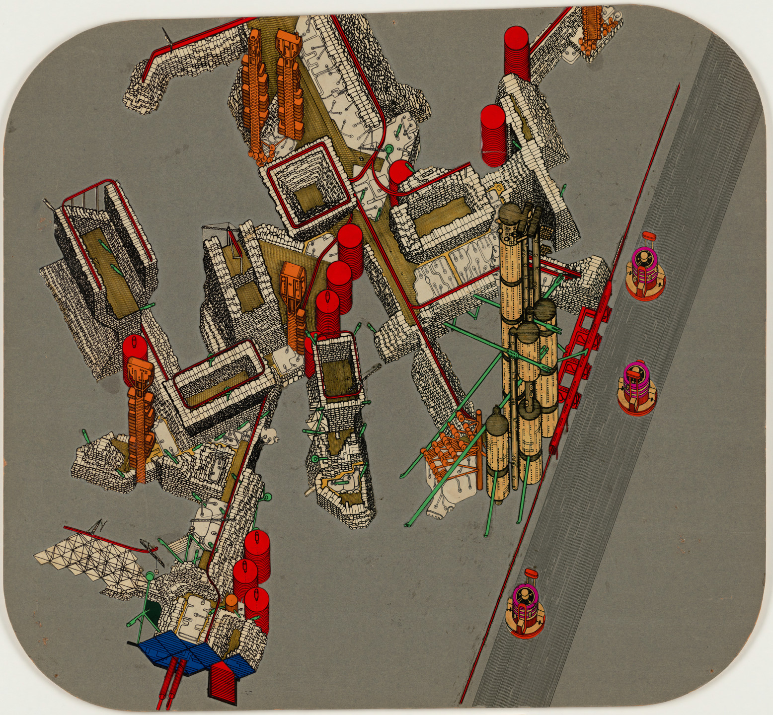 The image shows a complex arrangement of geometric shapes, including red and gold cylinders, green lines, and brown rectangular structures on a gray background. There are also two colorful round objects on the right. This is an AI generated description. To give feedback, email ai@moma.org.
