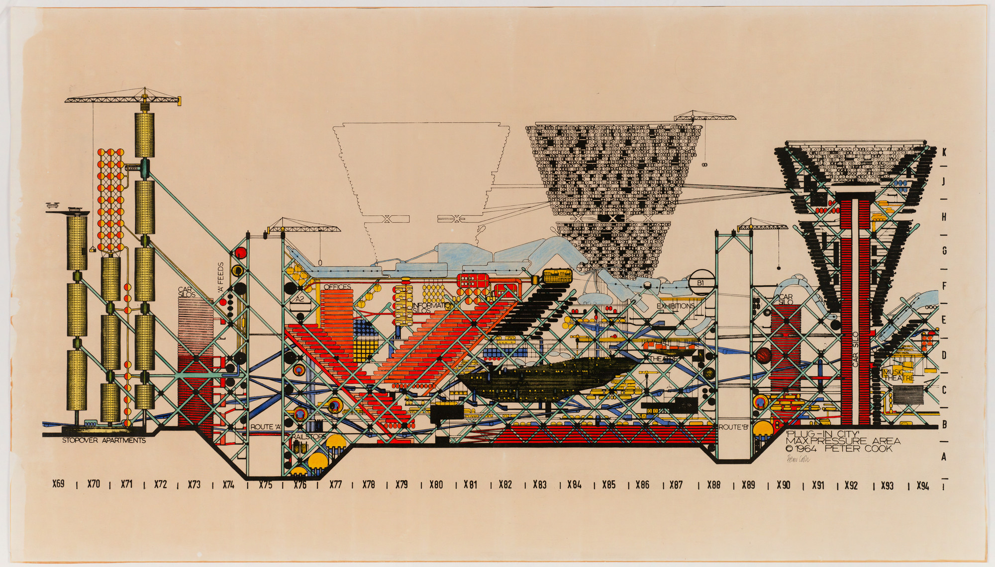 Peter Cook. Plug-in City: Maximum Pressure Area, project (Section). 1964