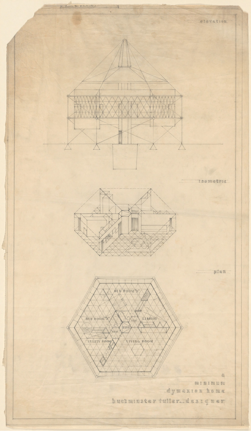 R. Buckminster Fuller. A Minimum Dymaxion Home project (Elevation, axonometric, and plan). 1927
