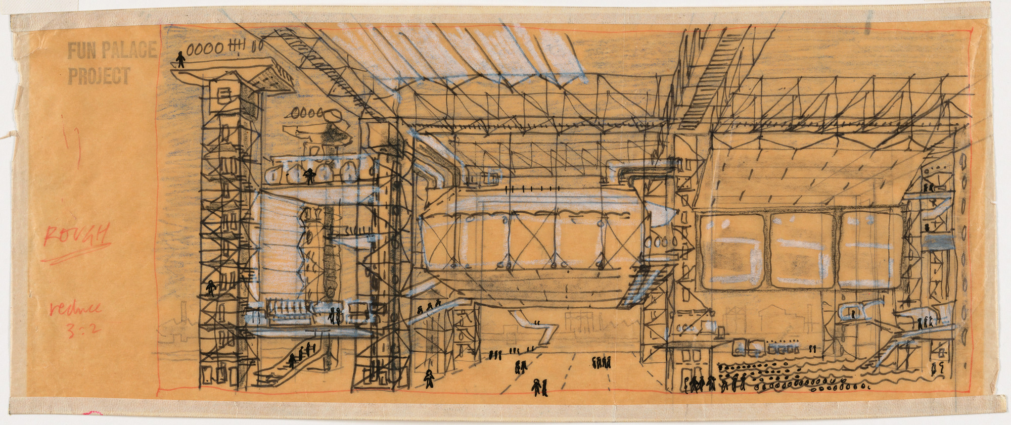 A sketch on yellowed paper shows a complex multi-level industrial structure with scaffolding, platforms, and walkways. Small figures are drawn throughout to indicate scale and movement within the space. This is an AI generated description. To give feedback, email ai@moma.org.