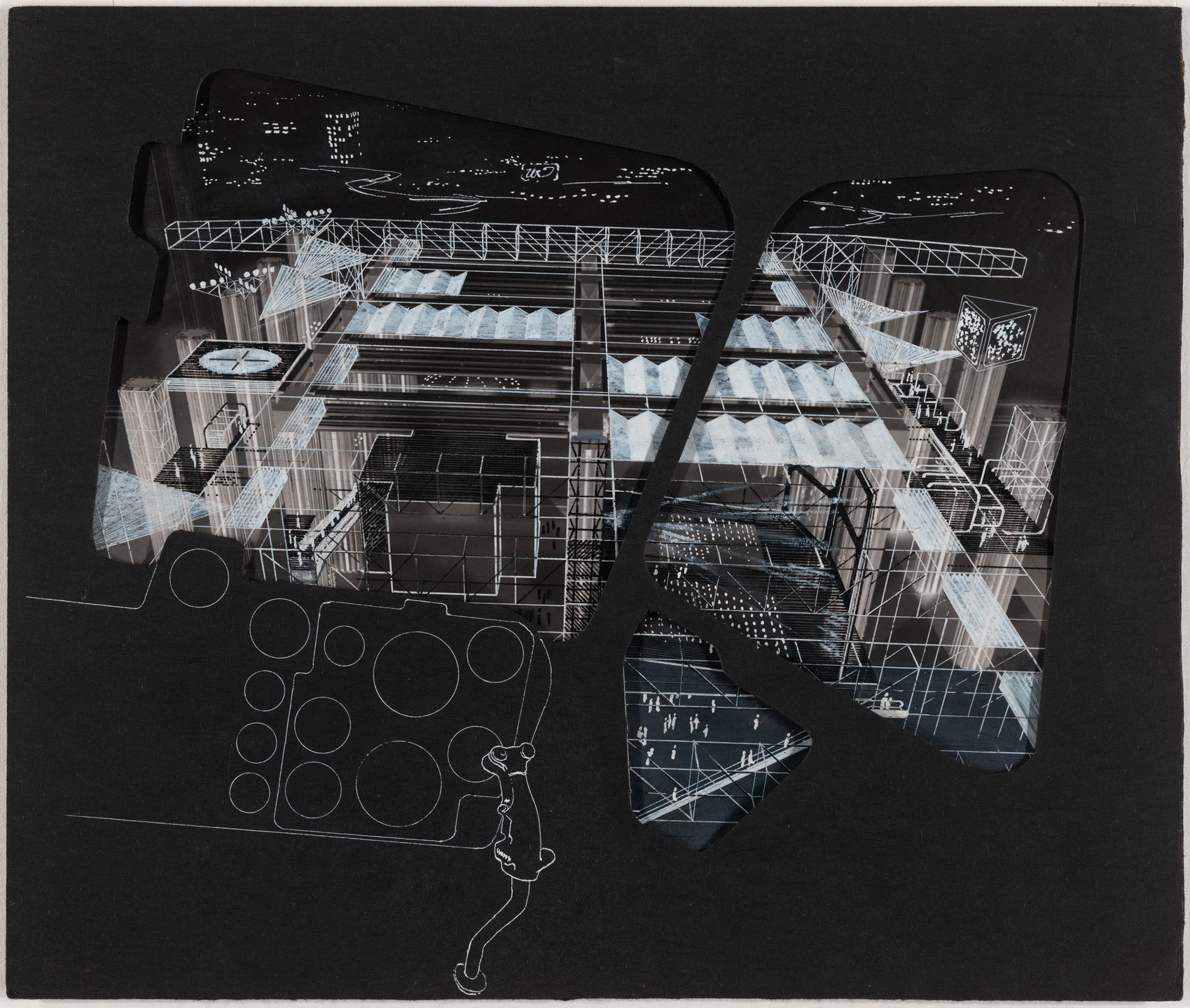 Cedric Price. Fun Palace for Joan Littlewood Project, Stratford East, London, England (Aerial perspective from cockpit). 1959–1961
