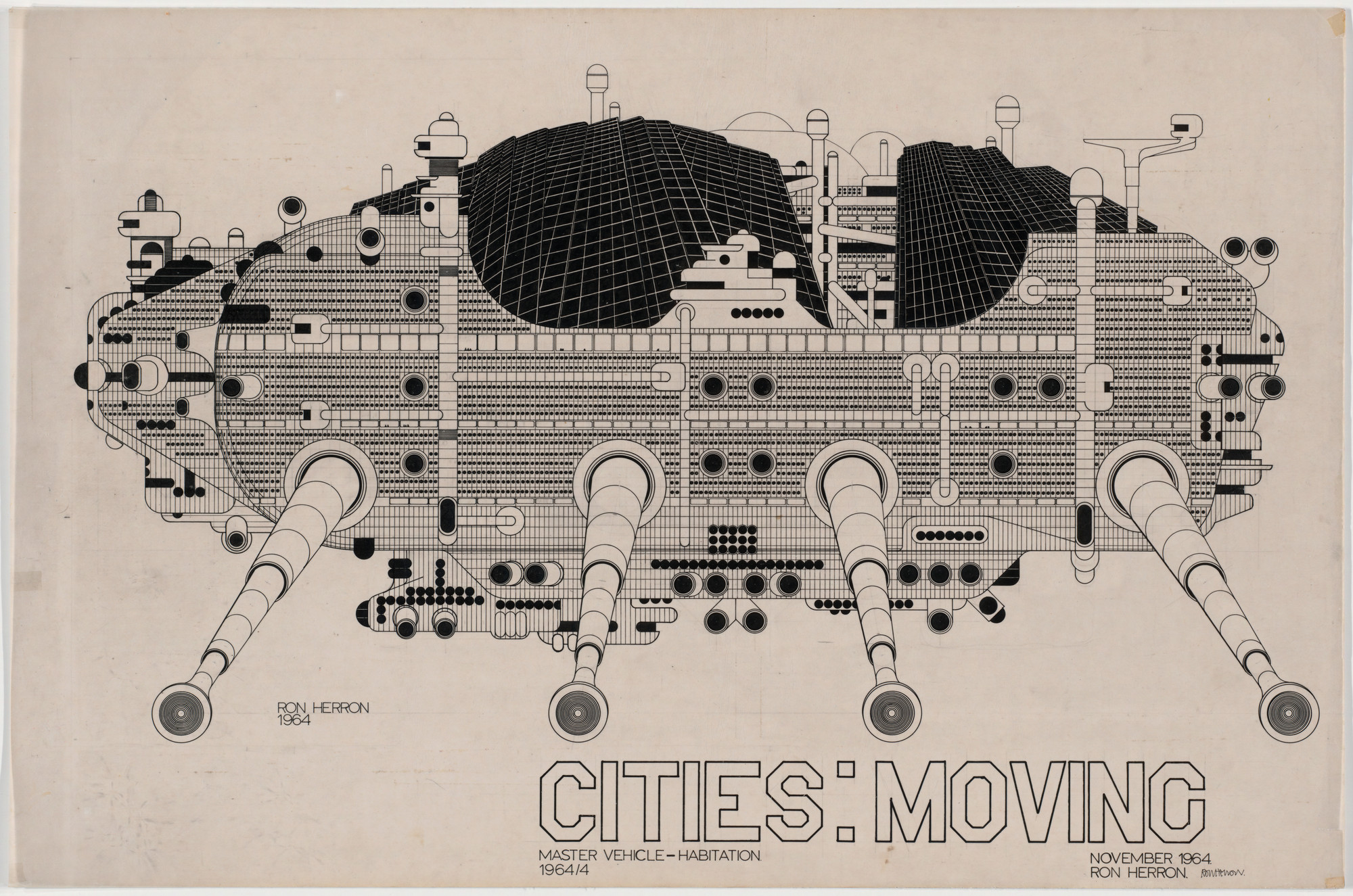 Ron Herron. Cities: Moving, Master Vehicle-Habitation Project, Aerial Perspective. 1964
