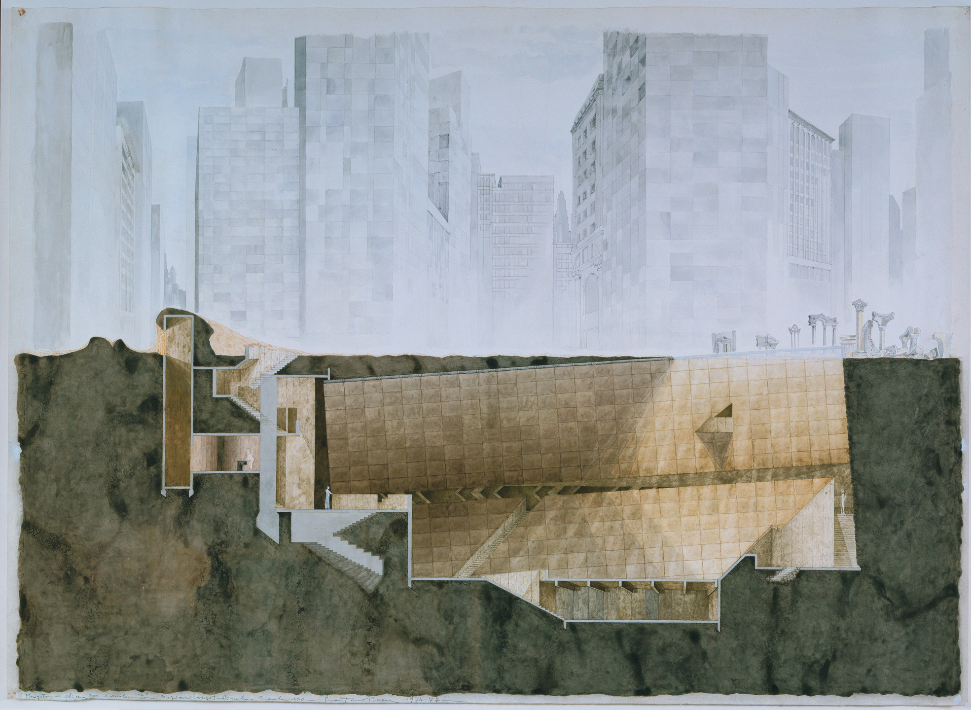 Gaetano Pesce. Church of Solitude Project, New York, New York, Longitudinal section. 1974-77