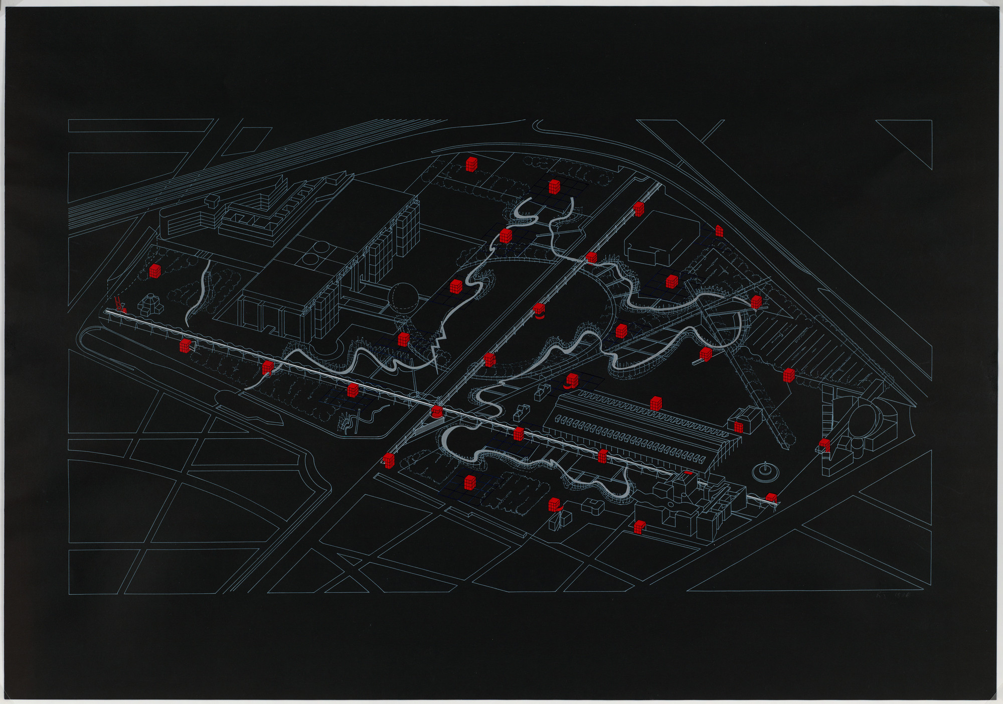 Bernard Tschumi. Parc de la Villette, Paris, France, Aerial perspective of follies. 1986