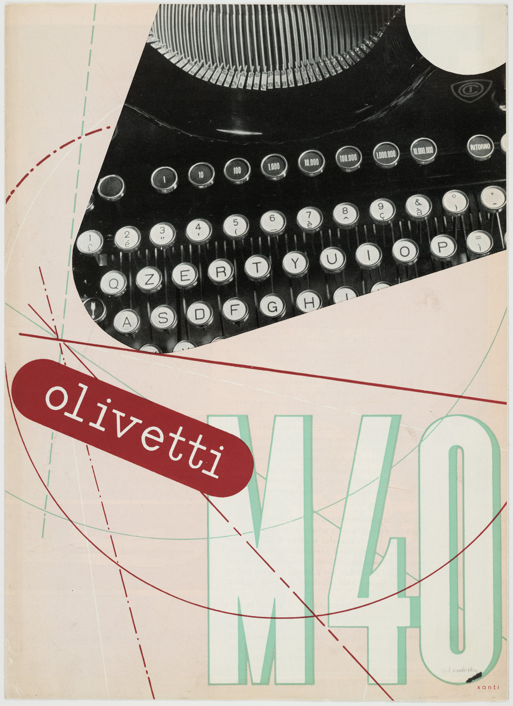 The image shows a close-up of a typewriter&#39;s black and white keys on the upper half. The lower half has the word &#34;olivetti&#34; in white on a red background, with large green letters &#34;M40&#34;. This is an AI generated description. To give feedback, email ai@moma.org.
