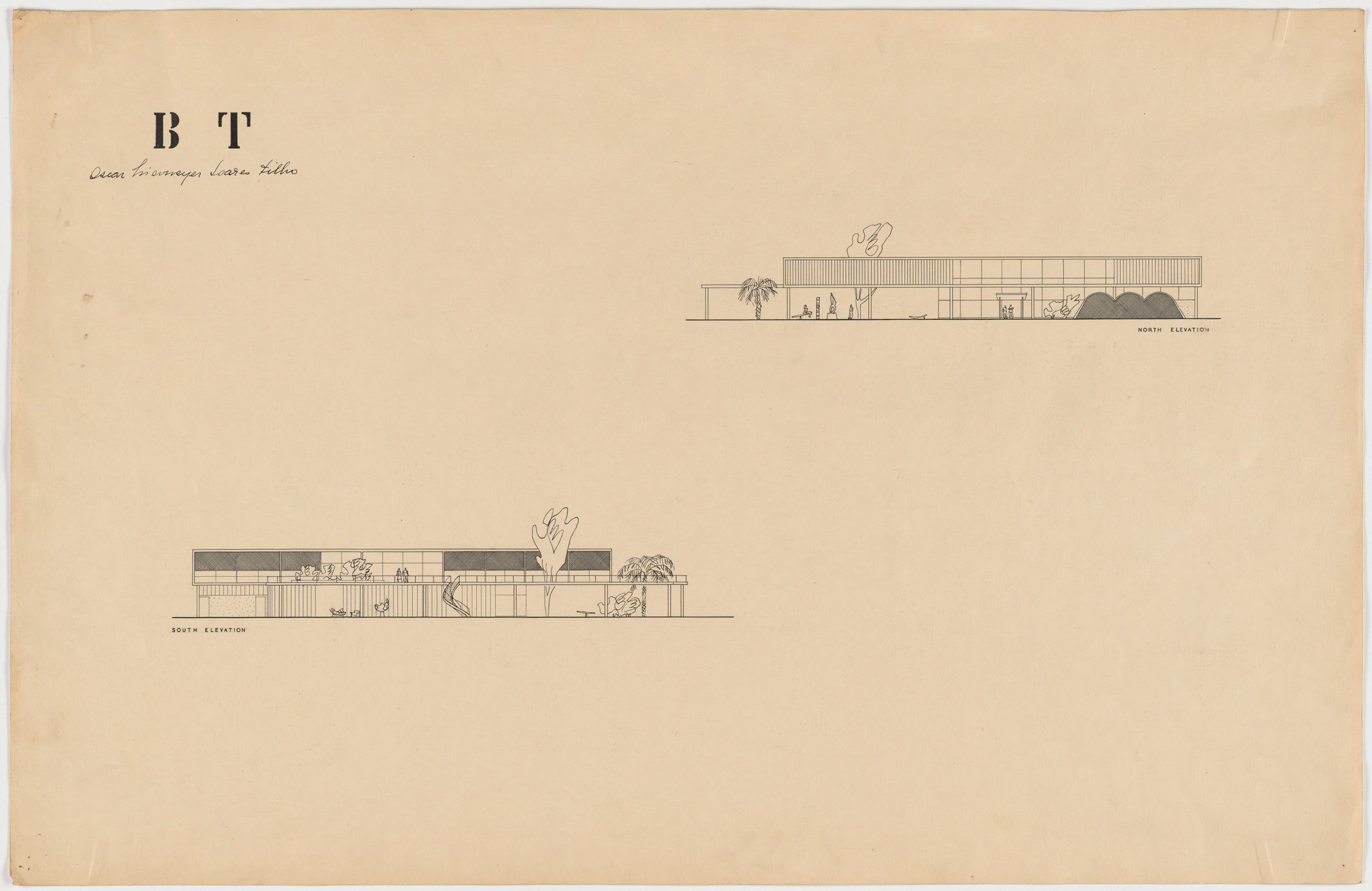 Oscar Niemeyer, Roberto Burle Marx. Beach House for Mr. and Mrs. Burton Tremaine, project, Santa Barbara, California (North and south elevations). 1948